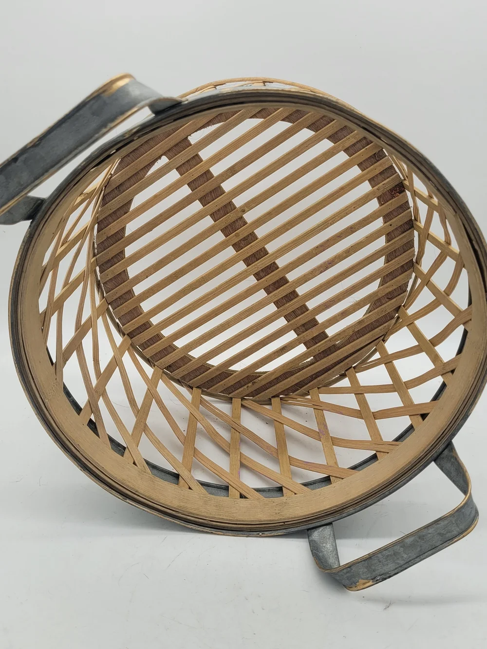 Round Woven Bamboo Basket Galvanized Metal Handles +Trim Farmhouse Style Damaged